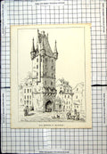 Antique Old Print Gateway Mayence Mainz Fortified Tower Street Scene People