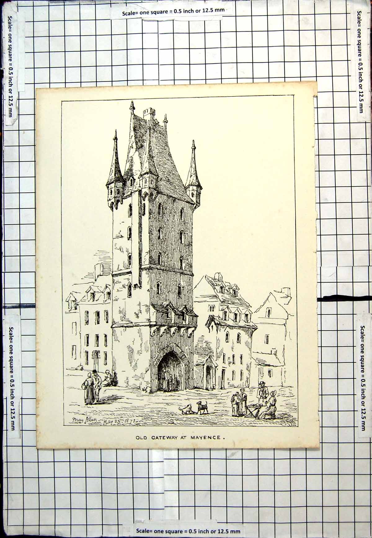 Antique Old Print Gateway Mayence Mainz Fortified Tower Street Scene People