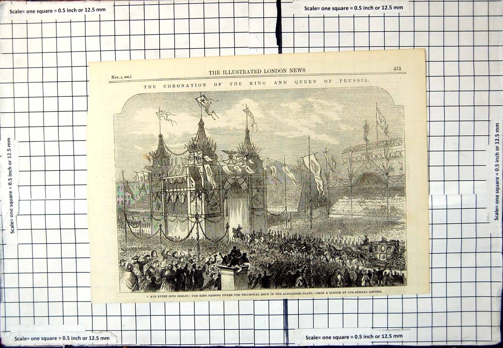 Old Print Coronation King Queen Prussia Passing Under Triumphal Arch 1861 19th