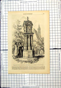 Antique Old Print Monument Memory Sebastian Bach Felix Mendelssohn Leipsick