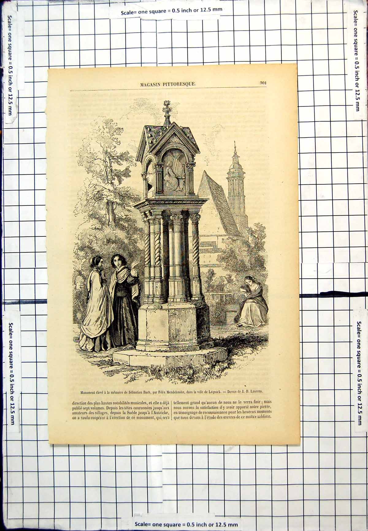 Antique Old Print Monument Memory Sebastian Bach Felix Mendelssohn Leipsick