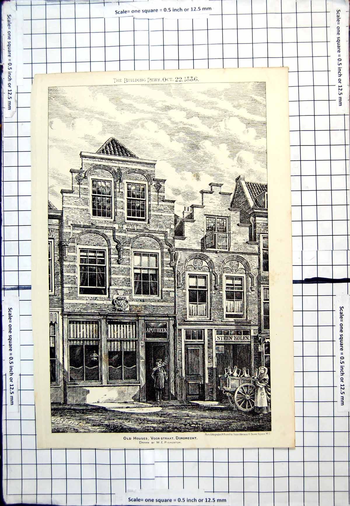 Original Old Antique Print Houses Voor-Straat Dordrecht Drawn We Pinkerton 1886