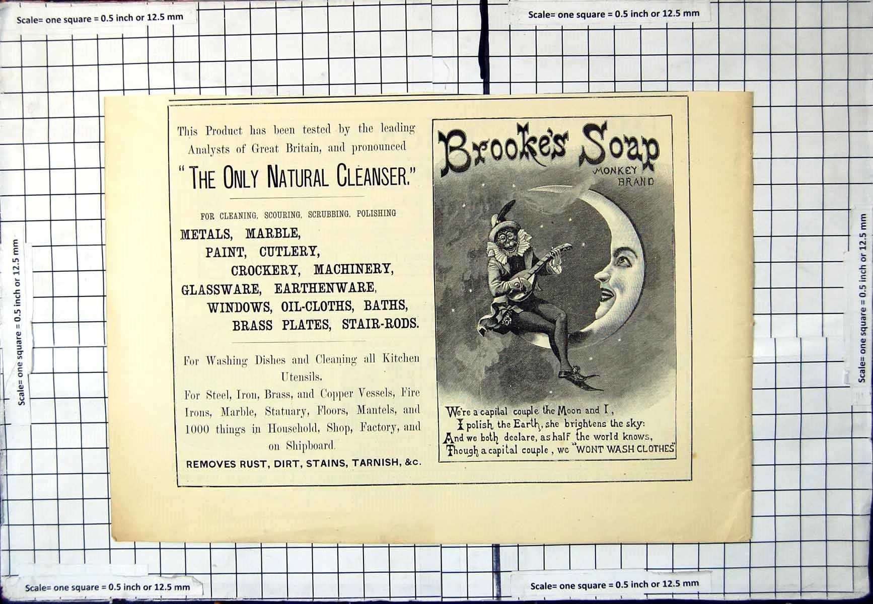 Old Antique Print Brooke'S Soap Monkey Brand Only Natural Cleanser Advert 19th