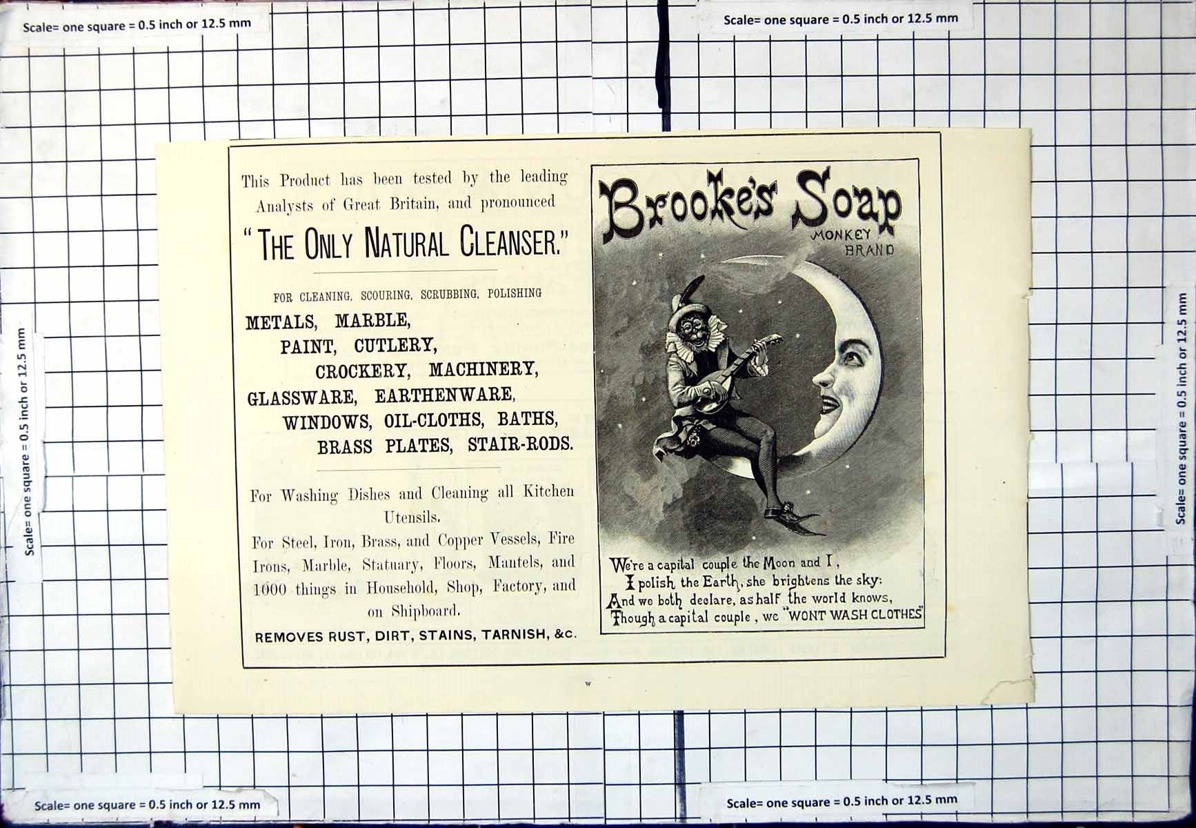 Old Antique Print Brooke'S Soap Monkey Brand Natural Cleanser Moon Advert 20th