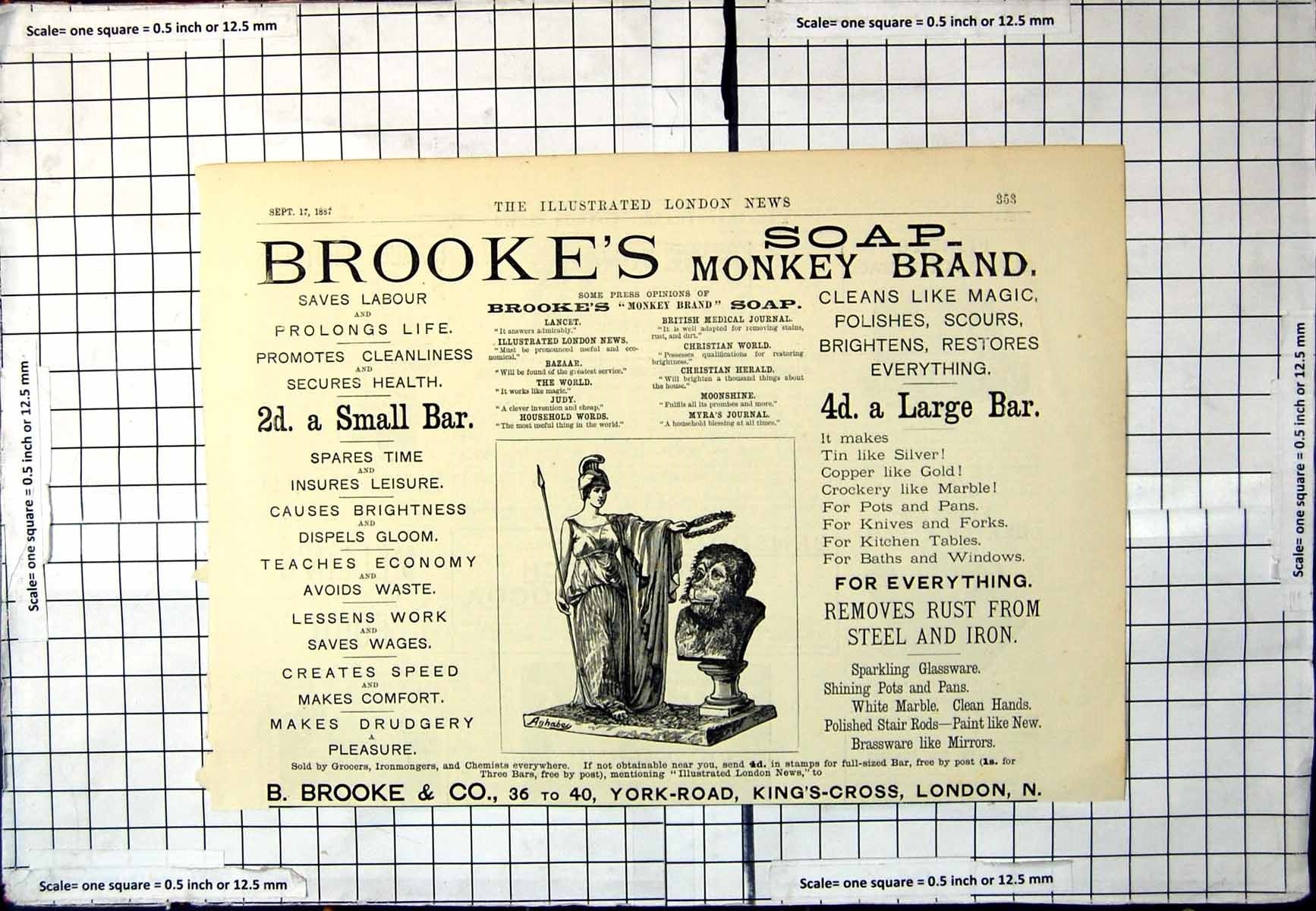 Antique Old Print Brooke'S Soap Monkey Brand Laurel Wreath Statue Advert 1887
