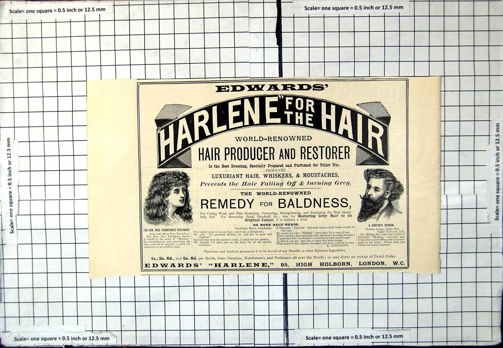 Old Antique Print Edwards' Harlene Hair Producer Restorer Remedy Baldness 20th