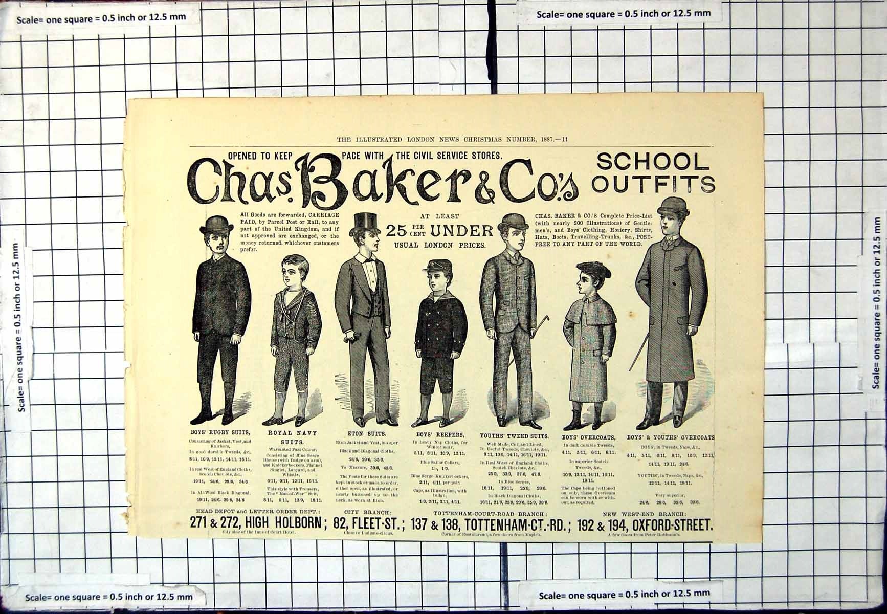 Antique Old Print Chas. Baker & Co'.S School Outfits Boys Range Clothing 1887