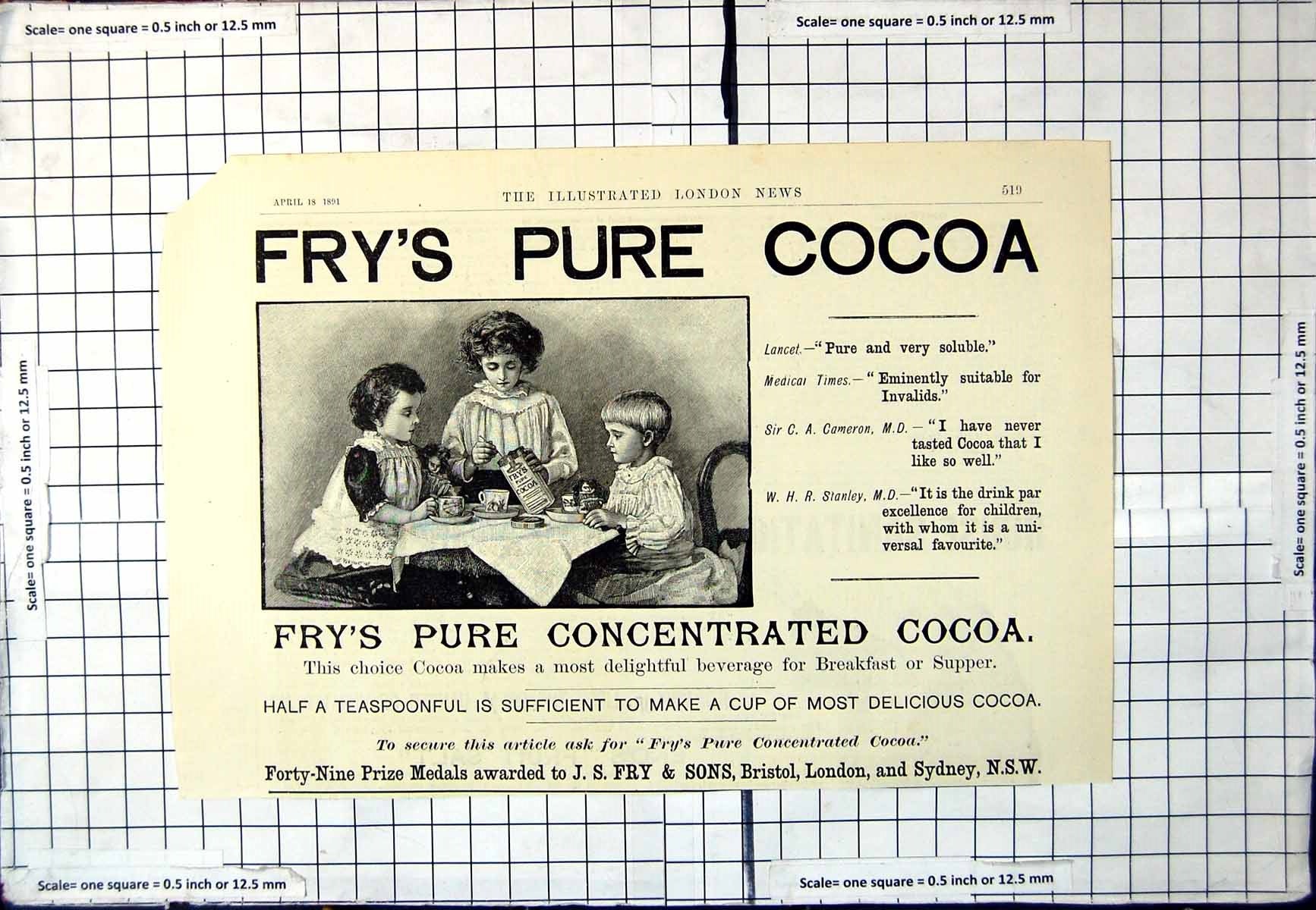 Antique Print Fry'S Pure Concentrated Cocoa Children Seated Tea Table 1891 19th