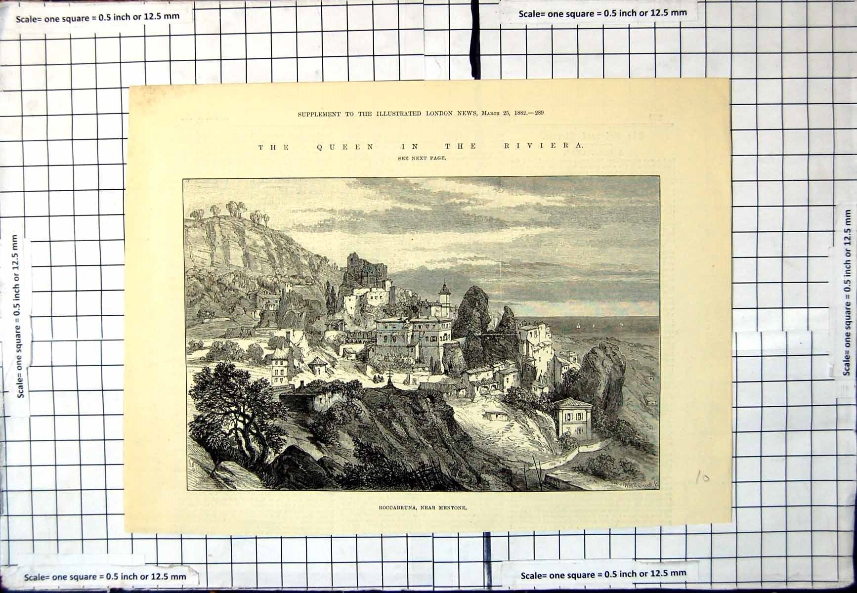 Old Print Queen In Riviera Roccabruna Near Mentone Village Hillside 1882 19th