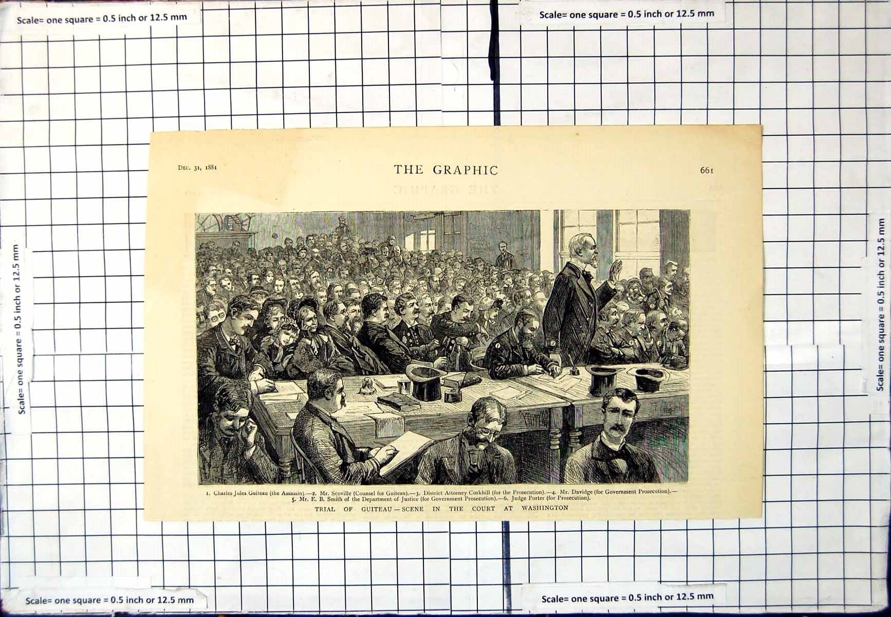 Antique Old Print Trial Guiteau Scene Court Washington Packed Courtroom 1881