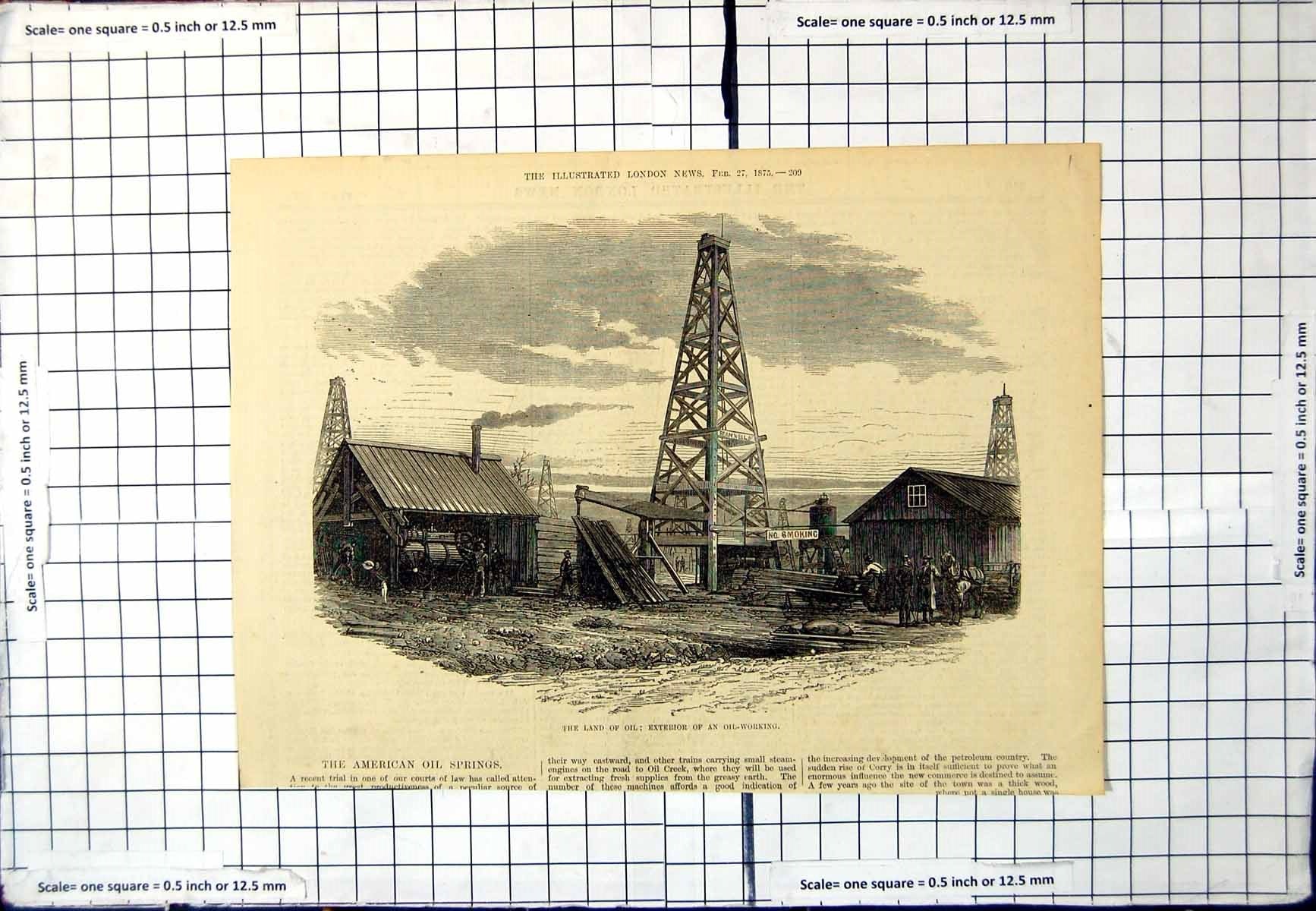 Original Old Antique Print Land Oil Exterior An Oil-Working America 1875 19th