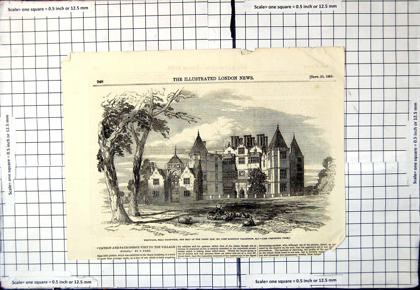 Antique Old Print Westwood Near Droitwich Seat John Somerset Pakington 1852