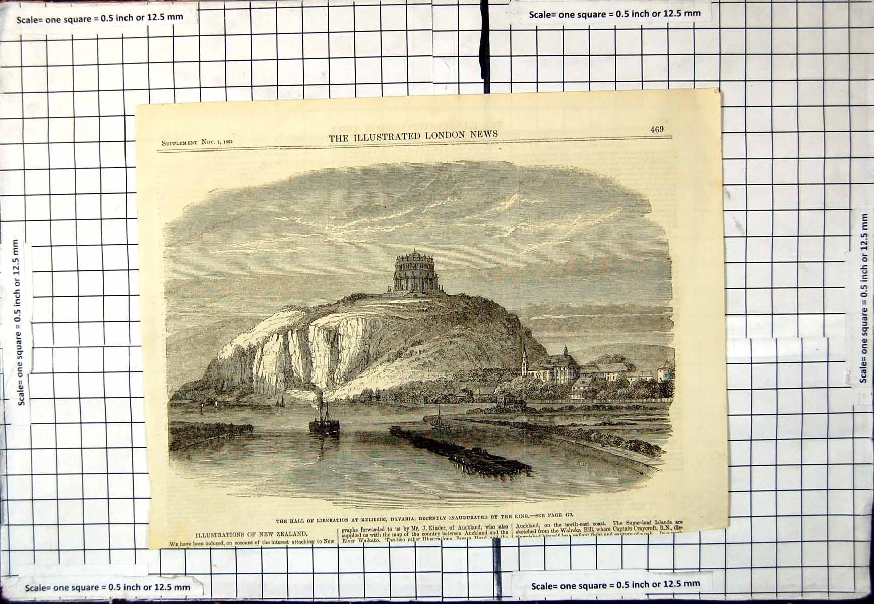 Old Print Hall Liberation Kelheim Bavaria Recently Inaugurated King 1863 19th