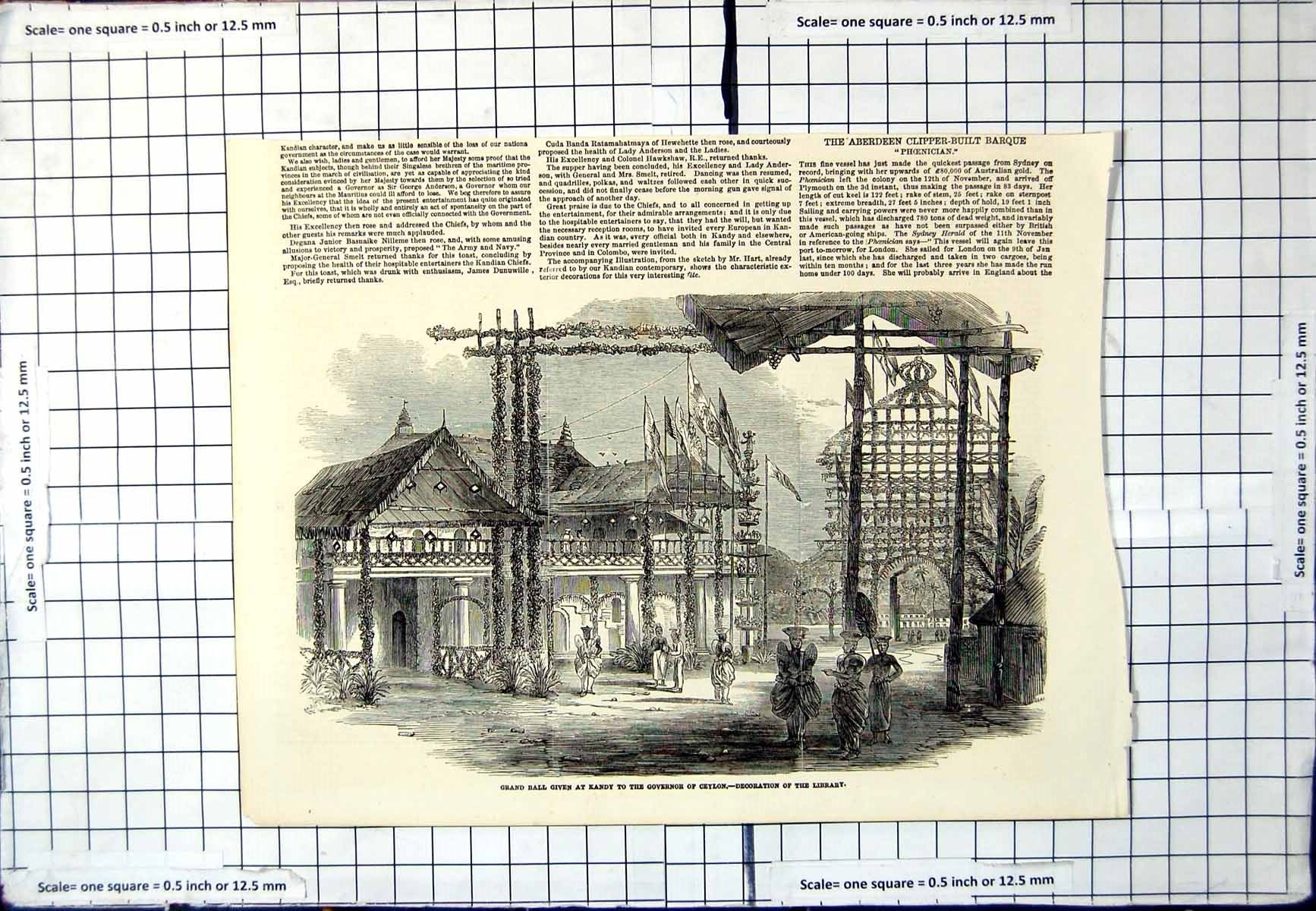 Old Antique Print Grand Ball Kandy To Governor Ceylon Library Decoration