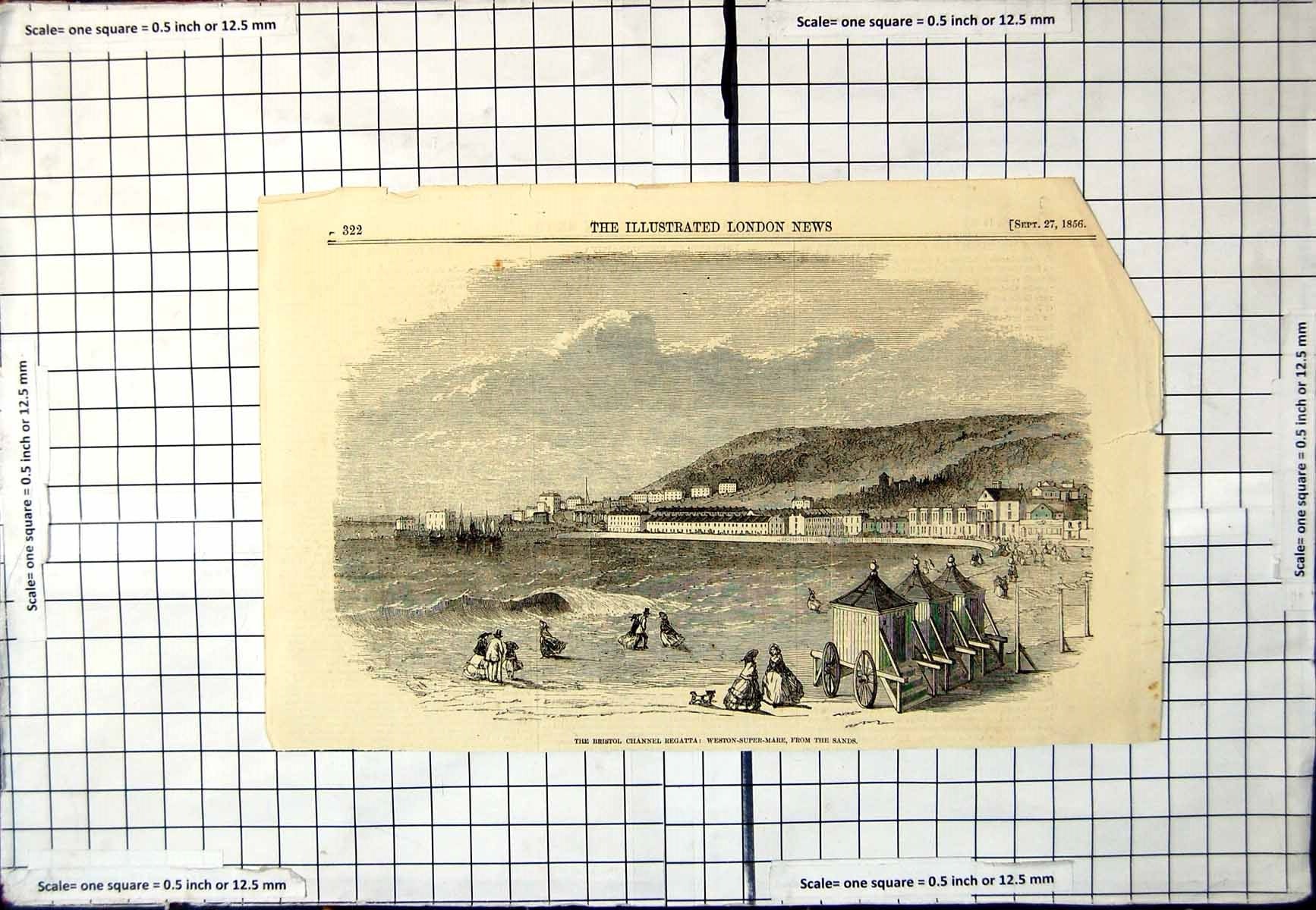 Antique Old Print Bristol Channel Regattta Weston-Super-Mare From Sands 1856