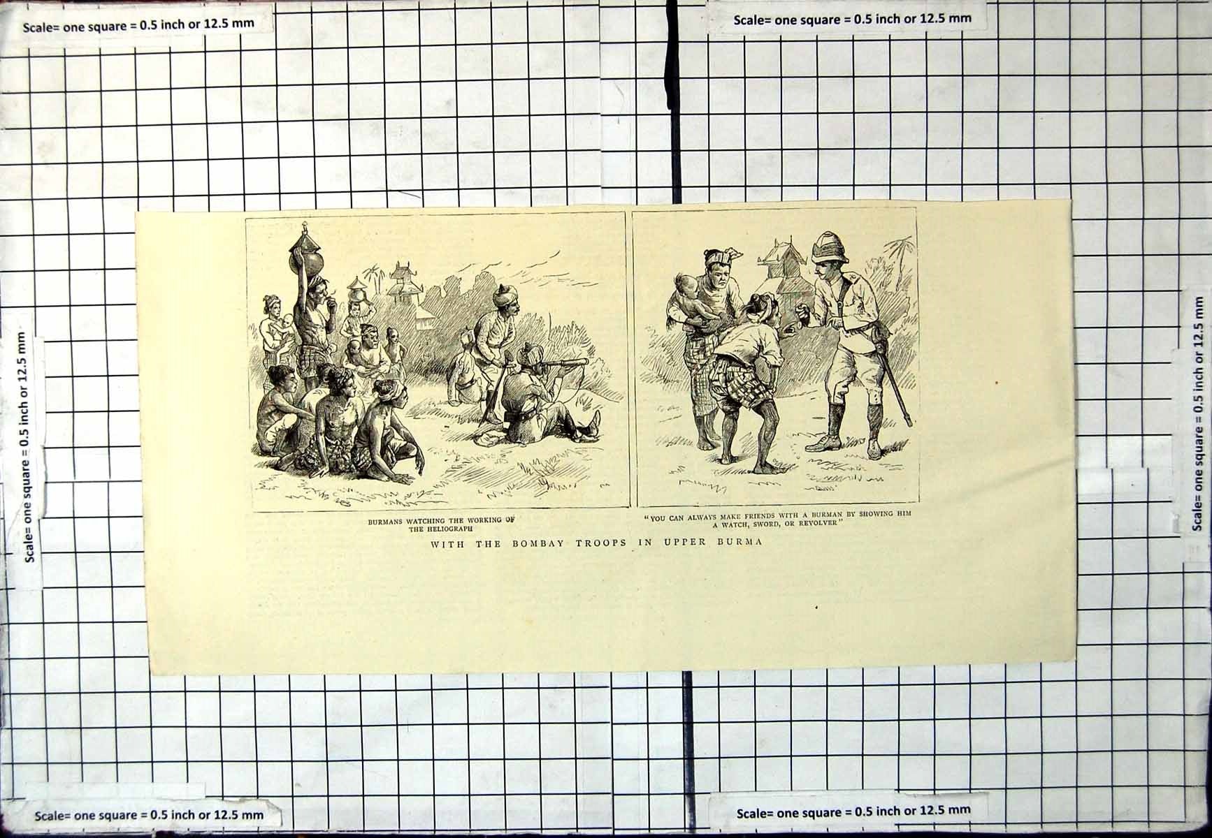 Antique Old Print With Bombay Troops Upper Burma Watching Working Heliograph