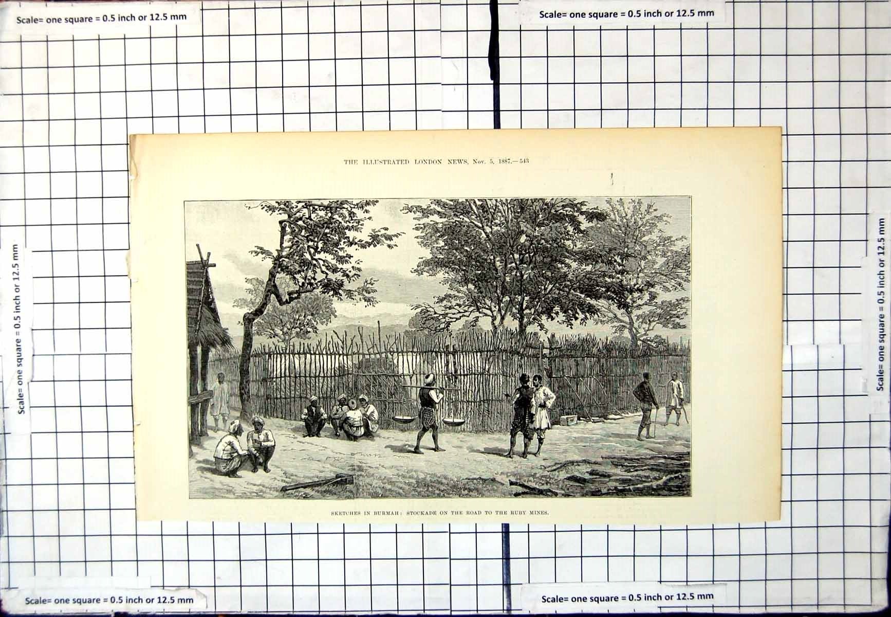 Antique Print Sketches In Burmah Stockade On Road To Ruby Mines People 1887