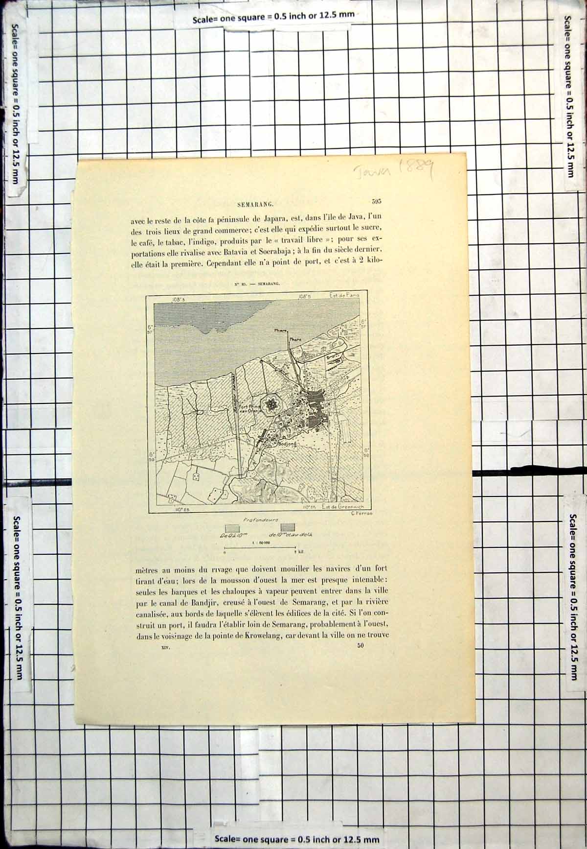 Antique Old Print French Map Java Bodjong Fort Pring Van Oranje C Perron 1889