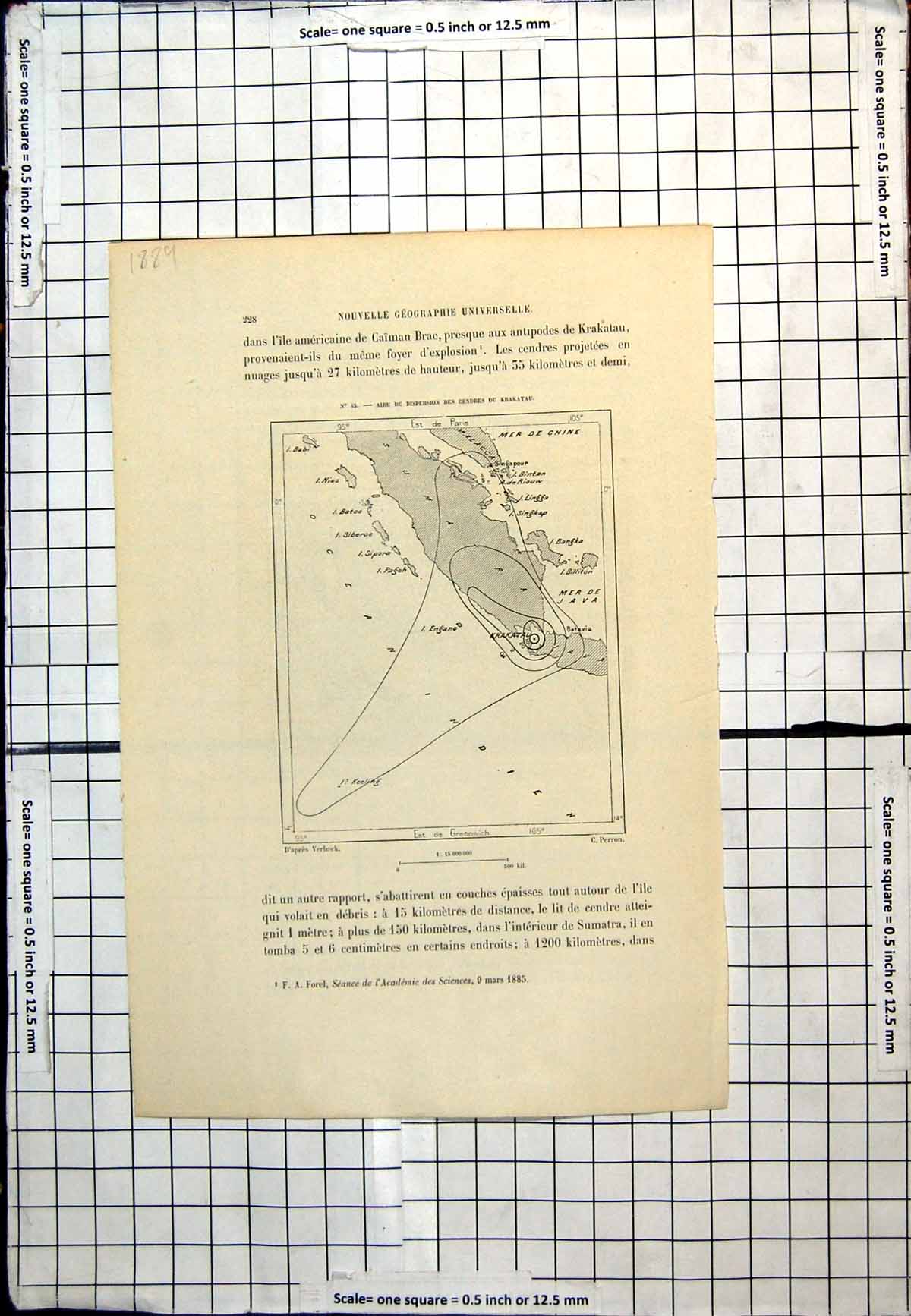 Antique Old Print Map Covering Krakatoa Krakatau French Sumatra Keeling 1889