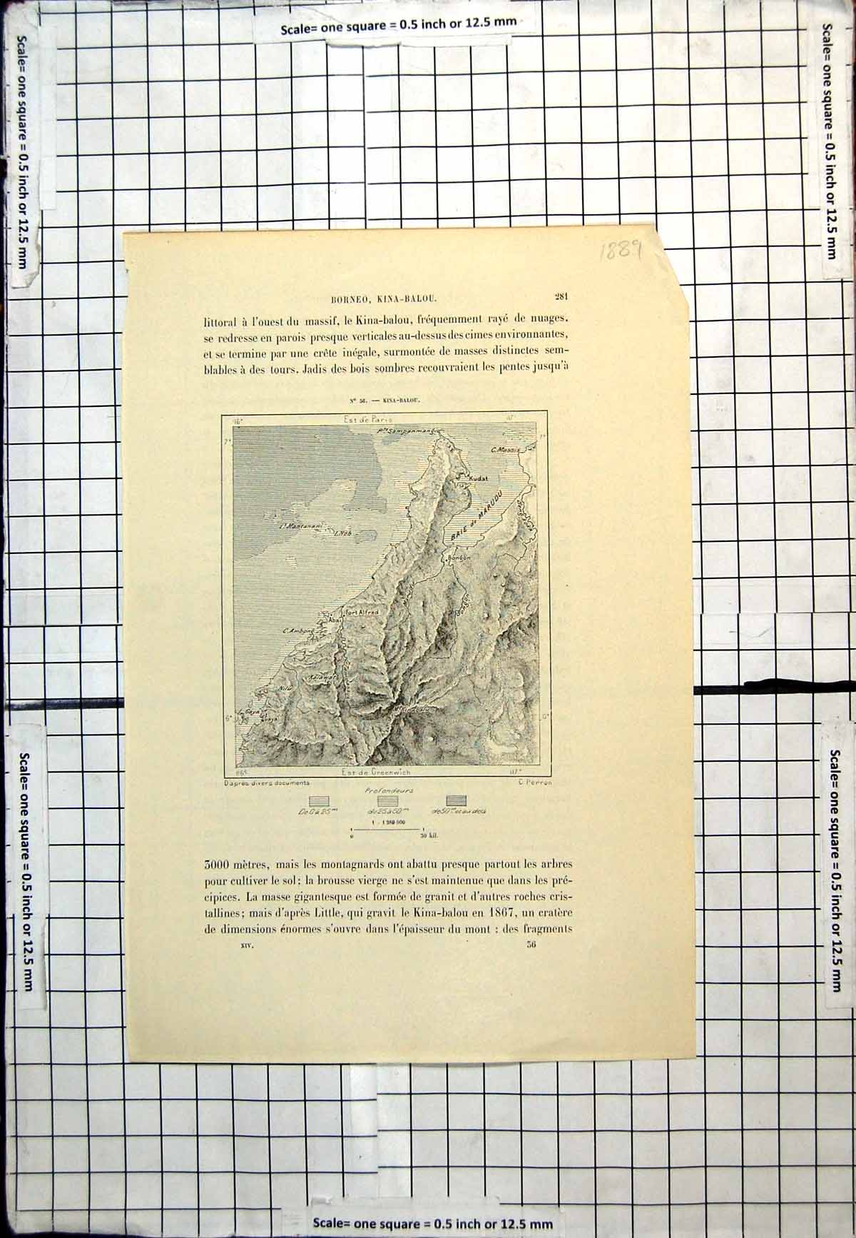 Antique Old Print Map Covering Mt Kinabalu Fort Alfred Baie De Marudu 1889 19th