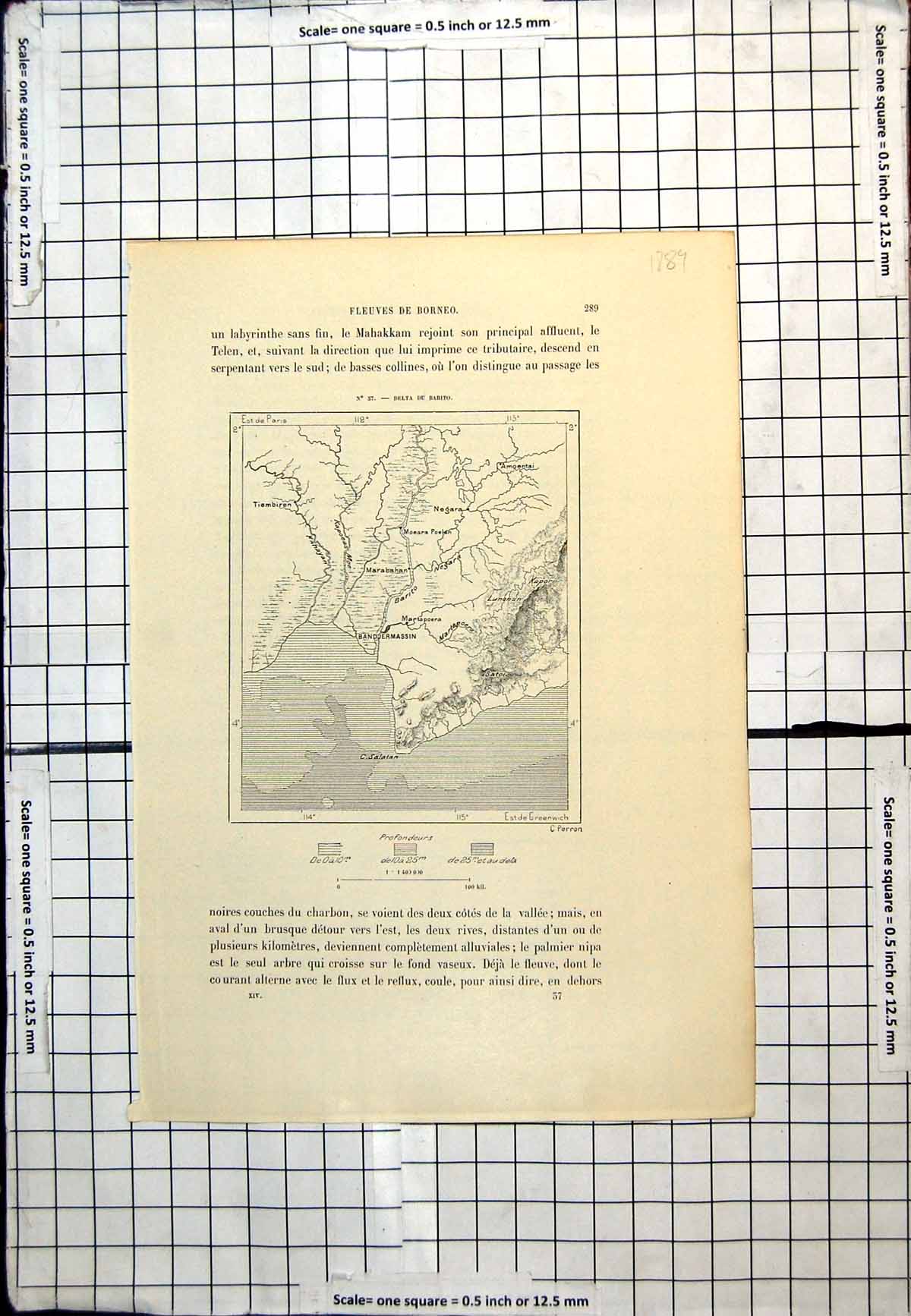 Antique Old Print Map Rivers Borneo Marabahan Negara Amoentai Tiembiron 1889