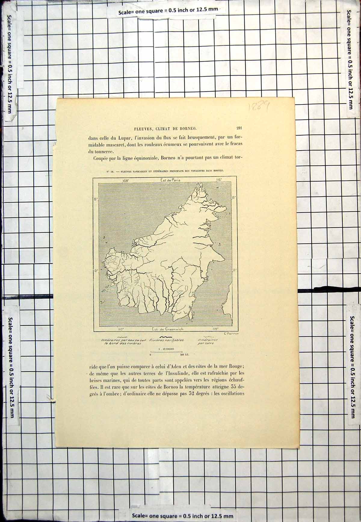 Antique Old Print Borneo Map Navigable Waterways Principal Routes Land 1889