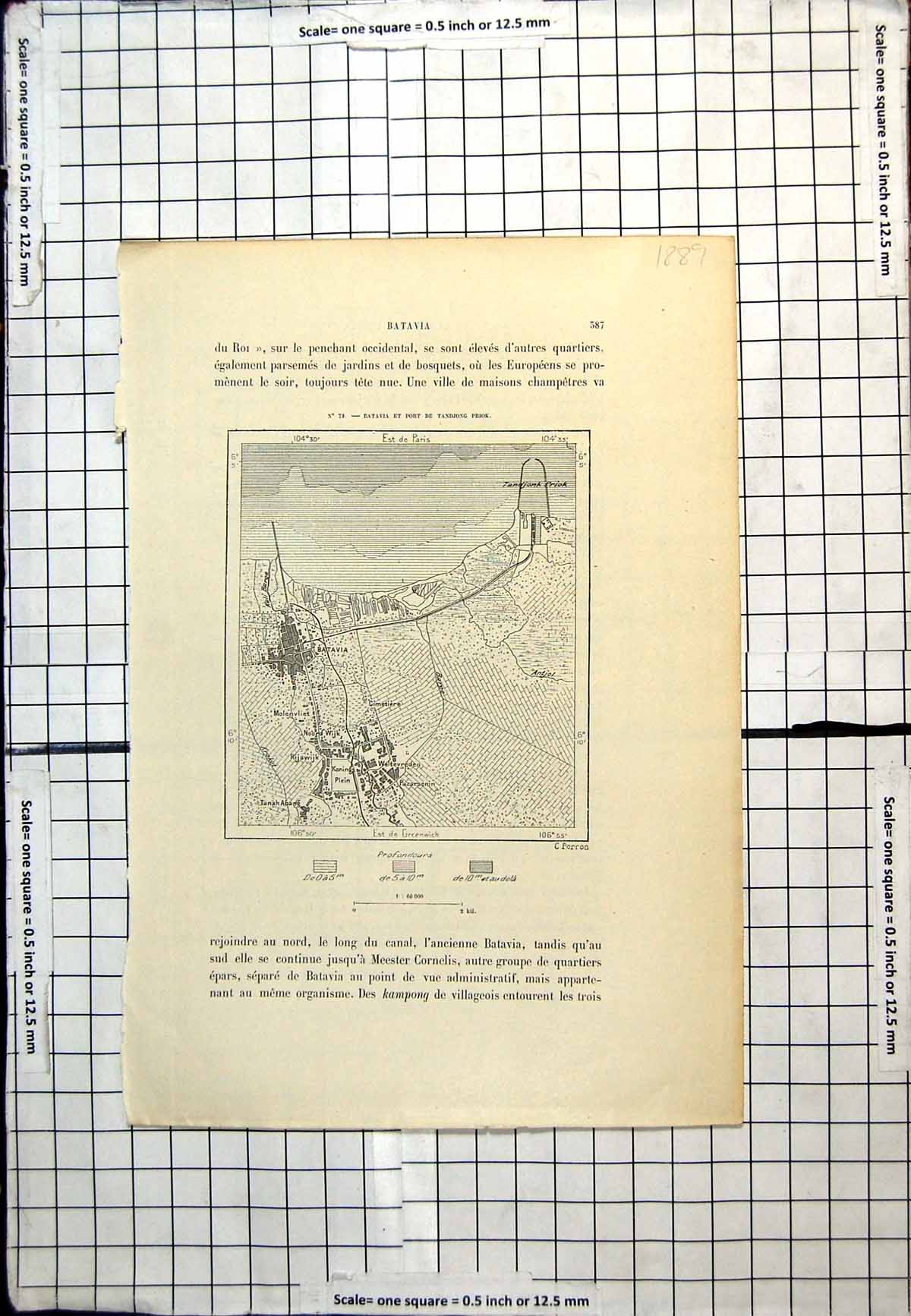 Old Antique Print French Map Batavia Molenvliet Rijswijk Weltevreden 1889 19th