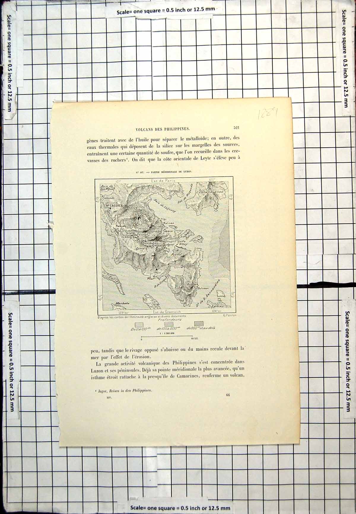 Antique Old Print French Map Southern Part Luzon Tabaco Palangui Iraga 1889