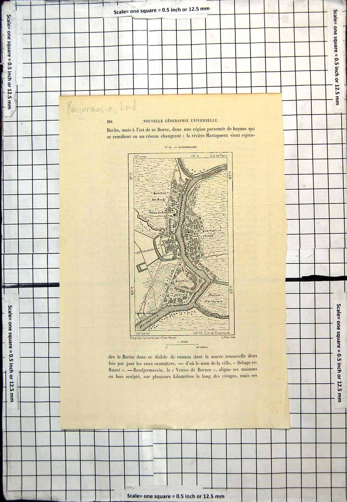 Original Old Antique Print Bandjermassin Banjarmasin Indonesia French Map C1889