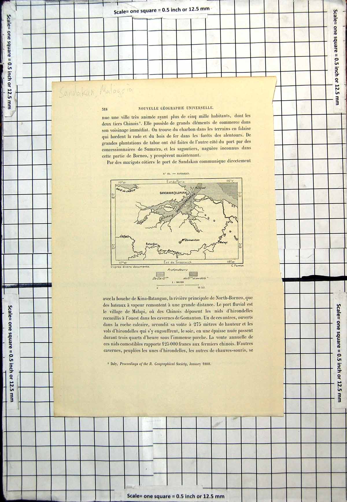 Antique Print Sandakan Malaysia French Map Mt Gomanton Malapi Sekong C1889 19th