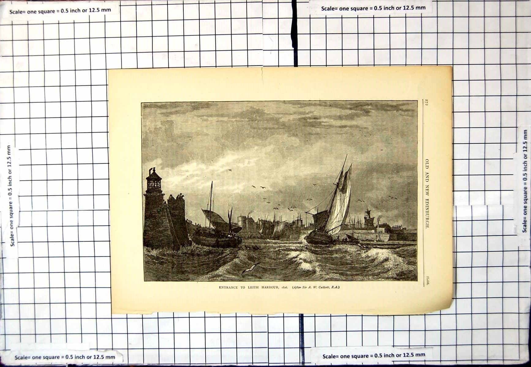 Old Print Entrance Leith Harbour (1826`) After Aw Callcott Ships Scotland 19th