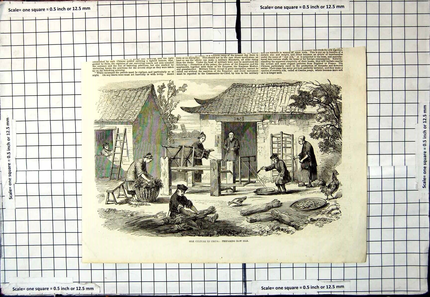 Old Antique Print Silk Culture China Preparing Raw Silk Outdoors Frames