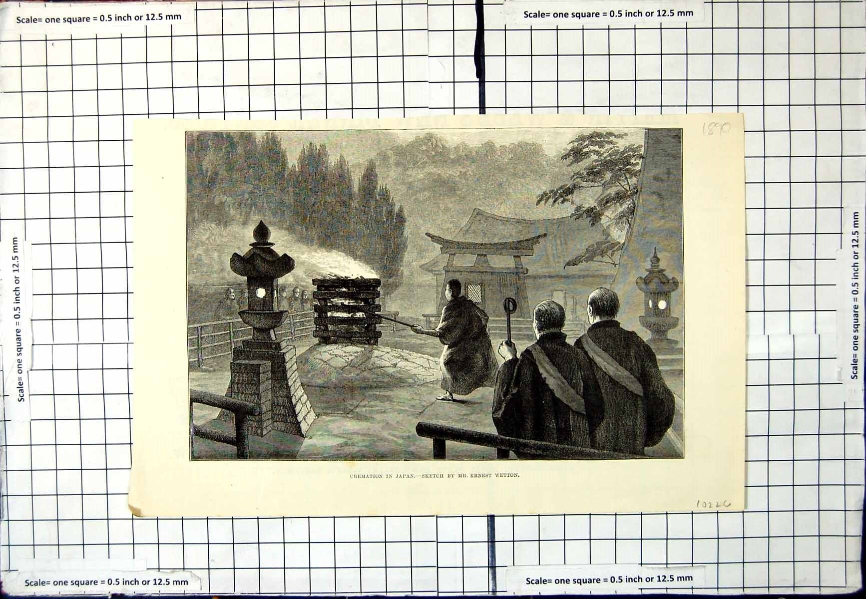 Original Old Antique Print Cremation In Japan Sketch Mr Ernest Wetton 1890 19th