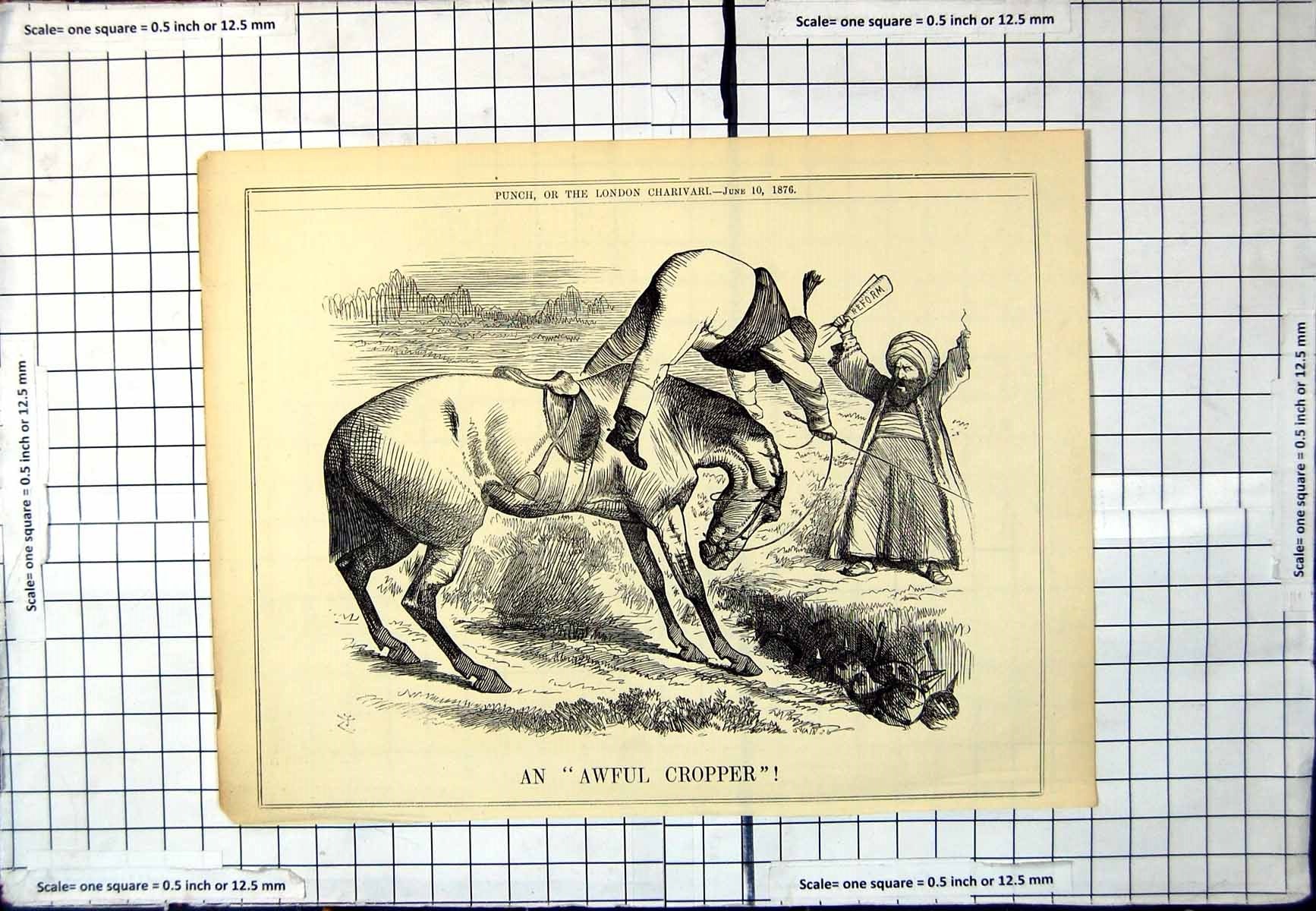 Antique Old Print Punch An Awful Cropper Man Falls Horse Sight Reform 1876 19th