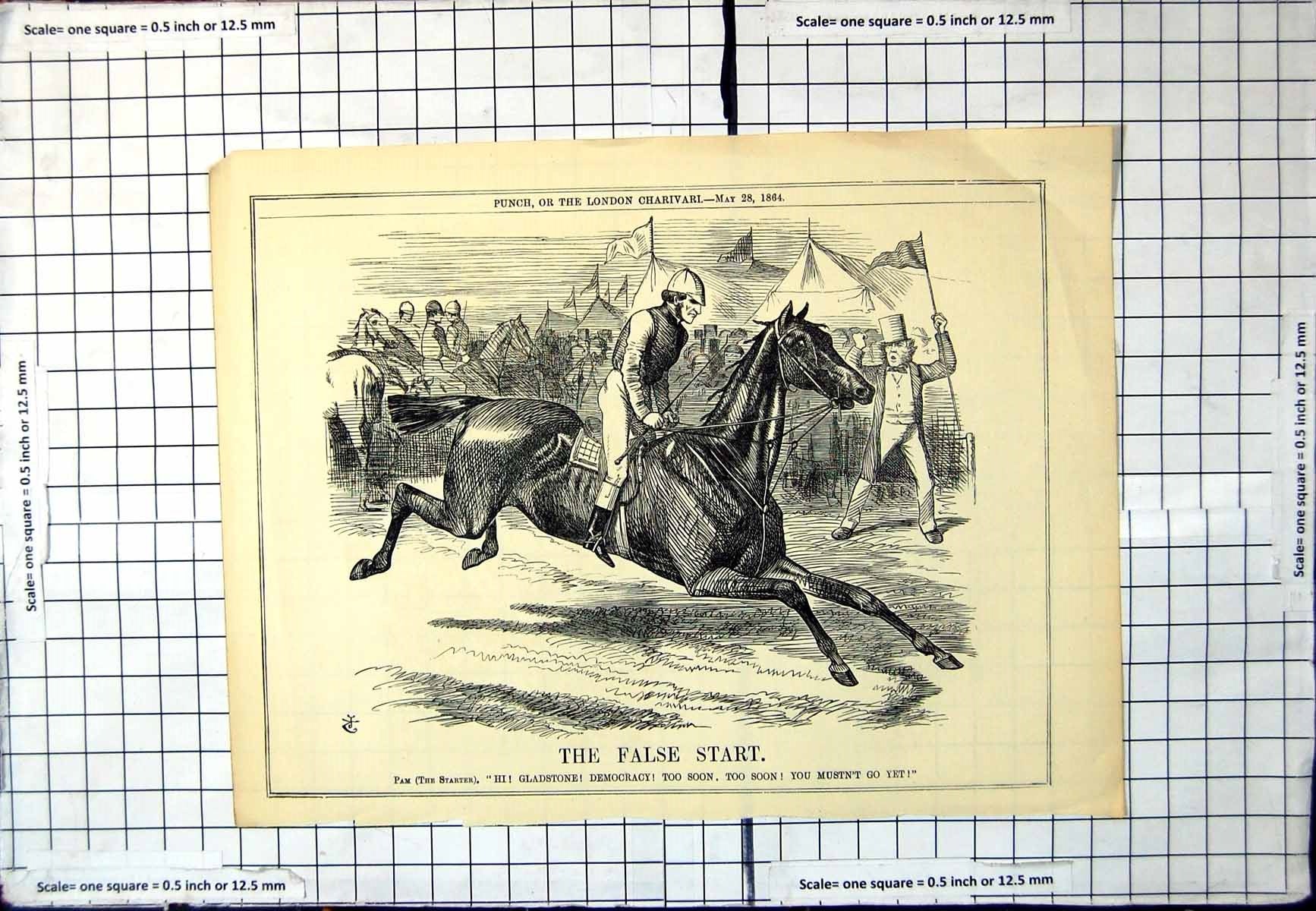 Antique Print False Start Punch Cartoon Horse Race Gladstone Democracy 1864