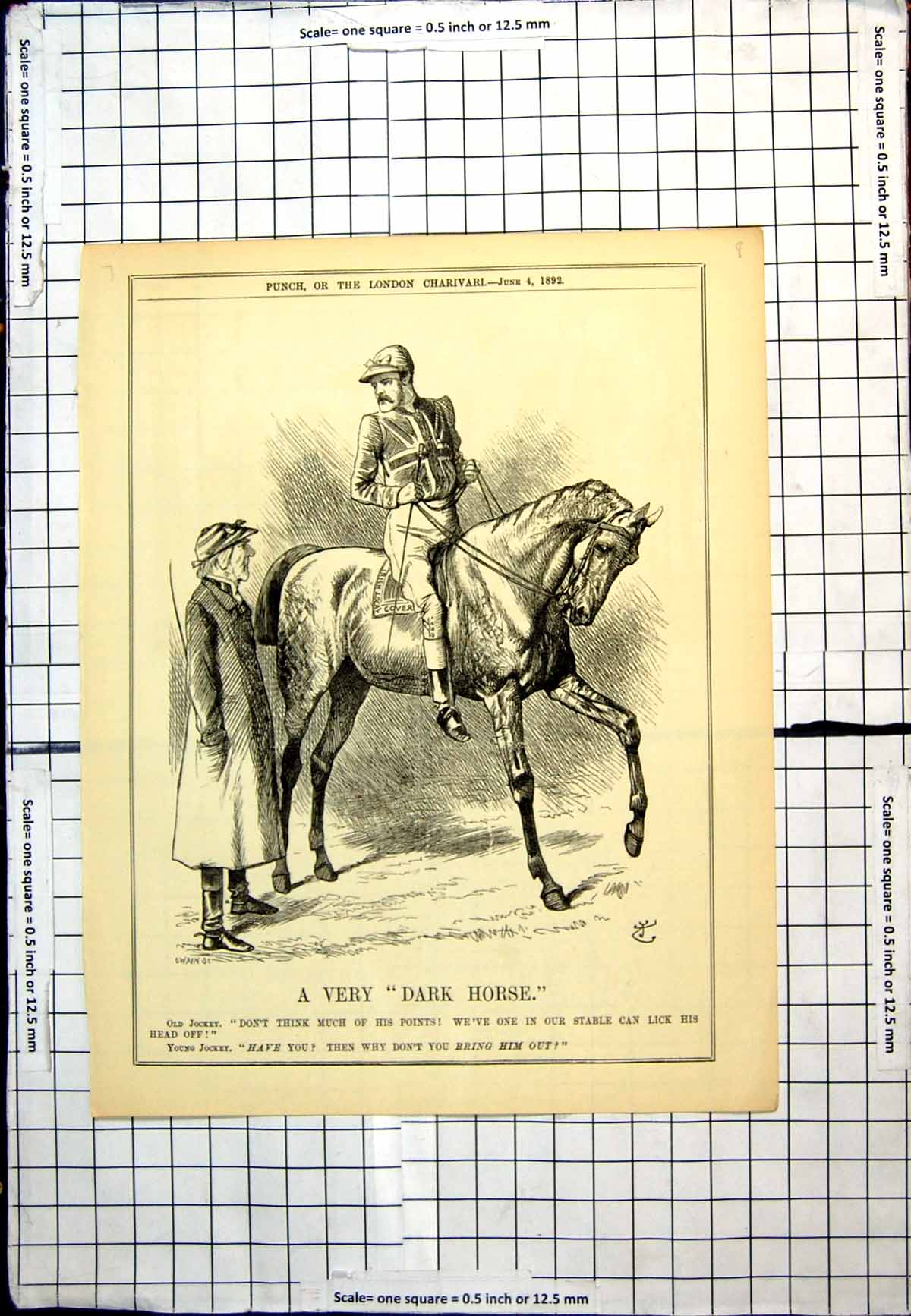 Antique Old Print Very Dark Horse Jockeys Comparing Merits Horses Punch 1892