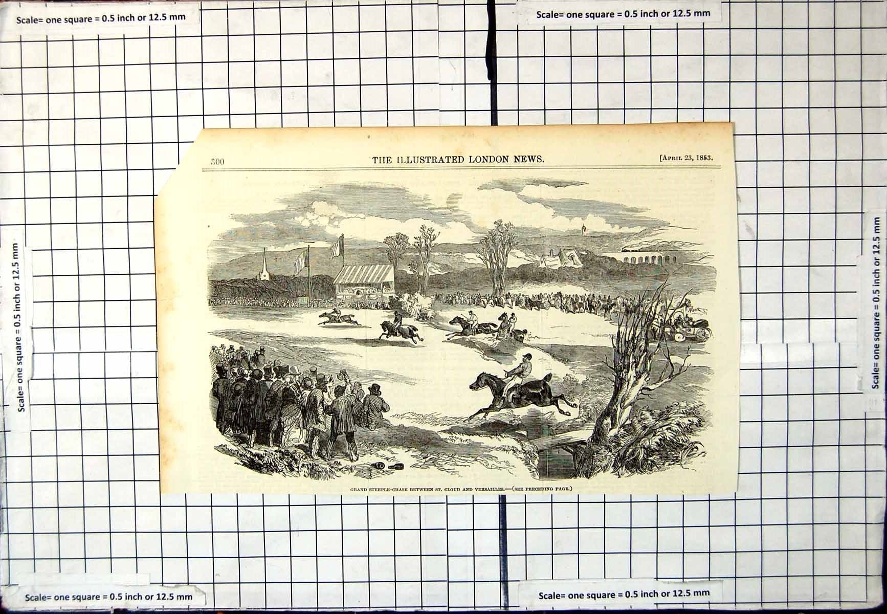 Antique Old Print Grand Steeple-Chase Between St.Cloud Versailles Crowds 1853