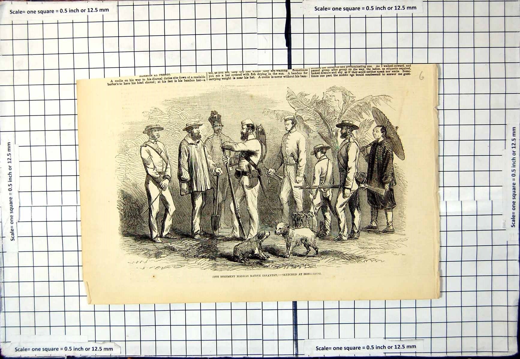 Old Antique Print 59Th Regiment Madras Native Infantry Sketched Hong Kong