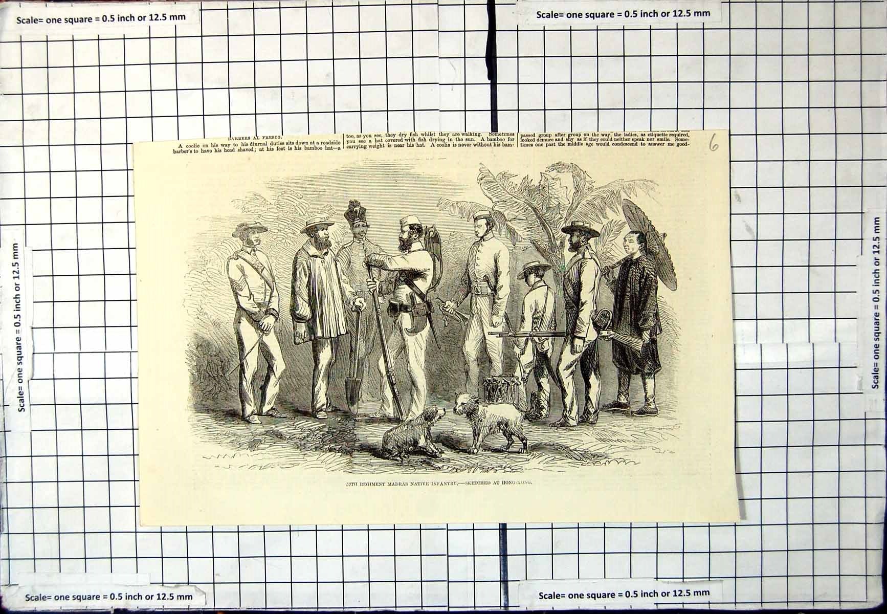 Old Antique Print 59Th Regiment Madras Native Infantry Hong Kong Sketched