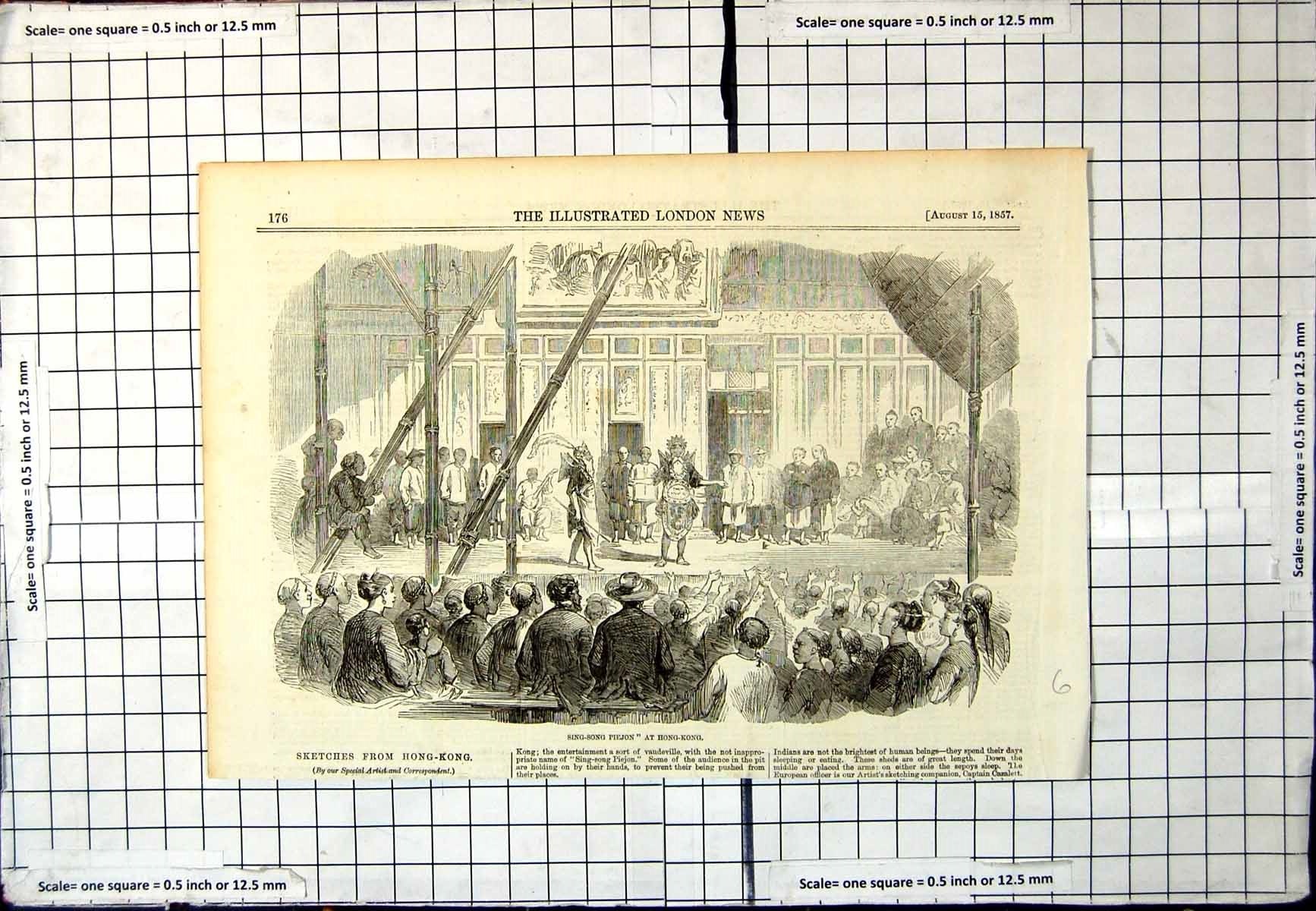 Antique Old Print Sing-Song Piejon Hong-Kong Street Entertainment Crowds 1857