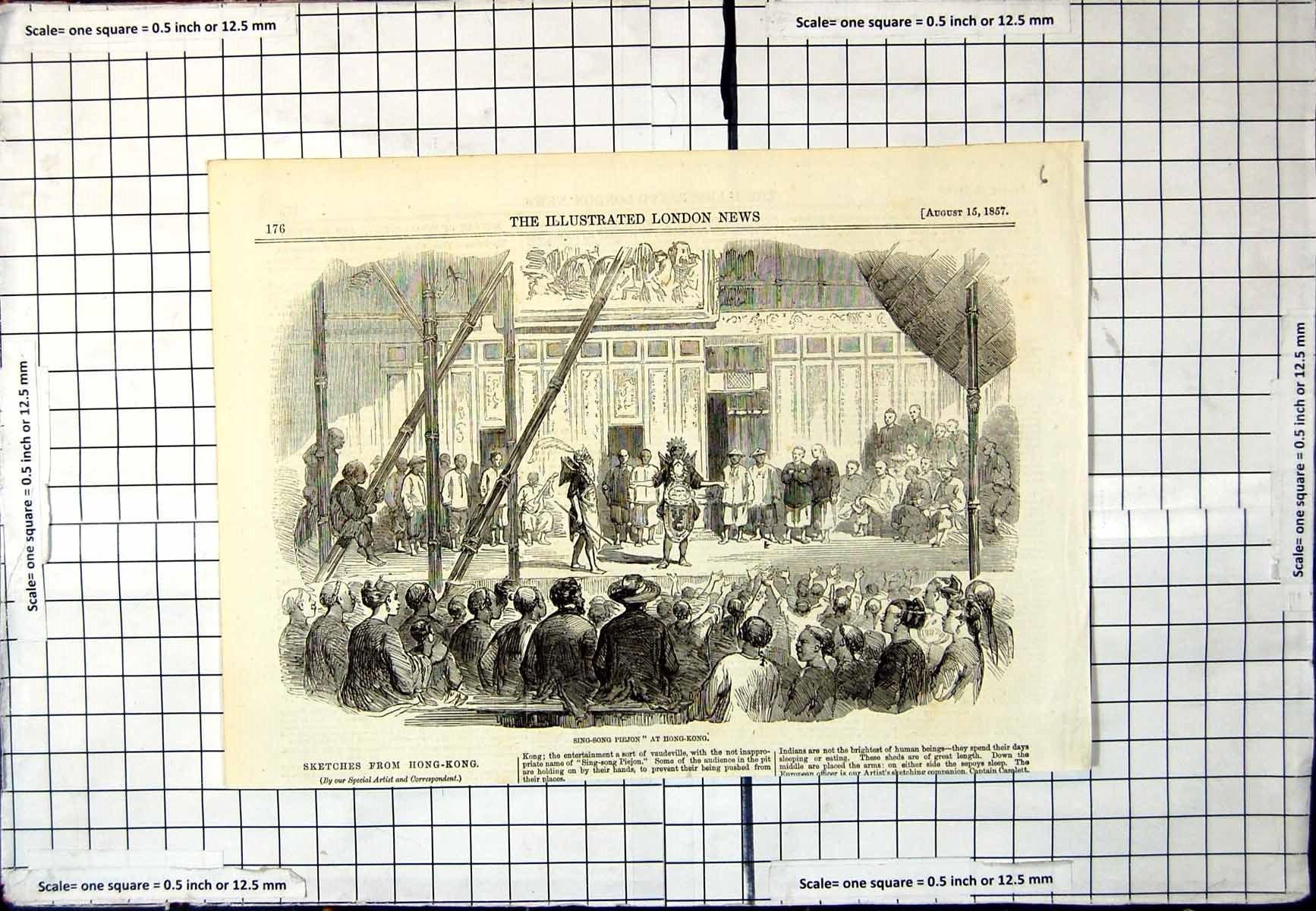 Antique Old Print Street Entertainment Sing-Song Piejon Hong-Kong Crowds 1857