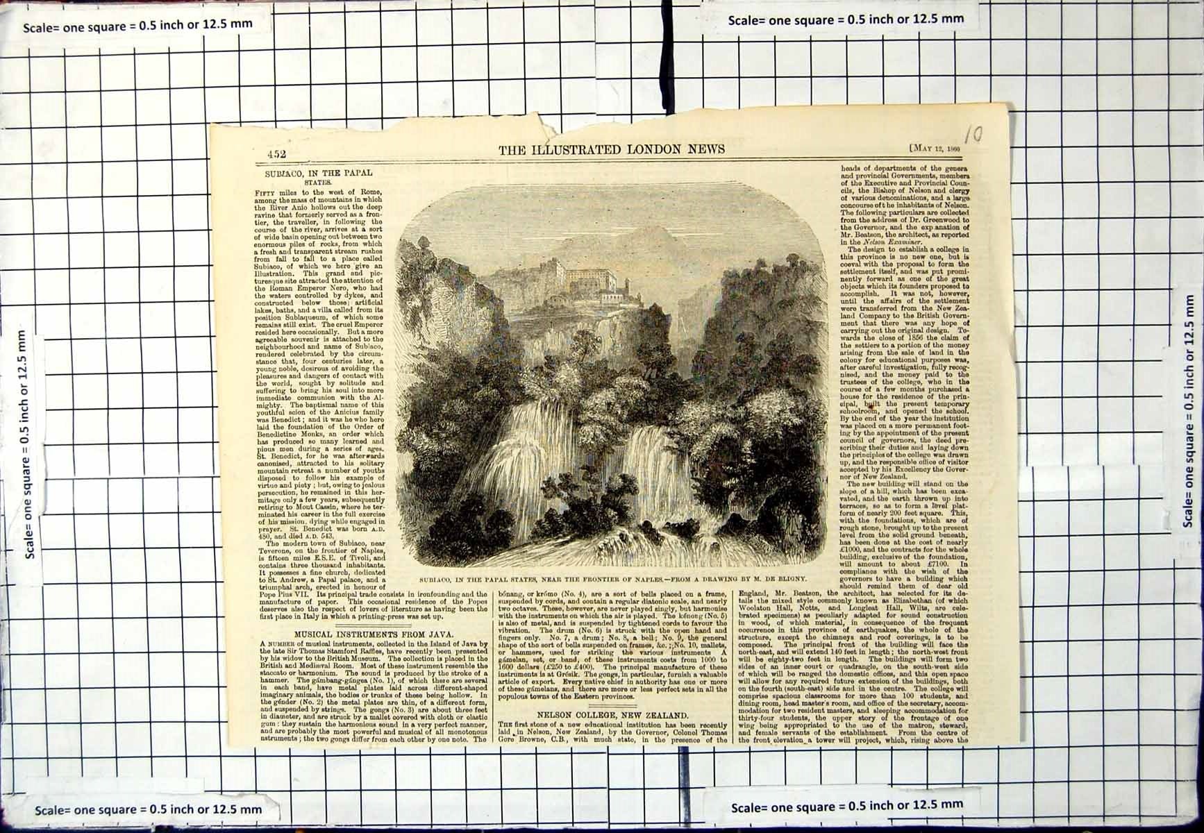 Old Print Subiaco Papal States Near Frontier Naples Waterfall Bligny 1860 19th