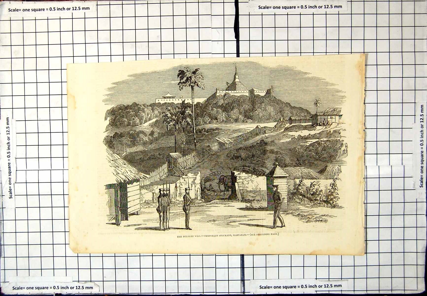 Old Antique Print Burmese War Temporary Stockade Martaban Siers Elephant