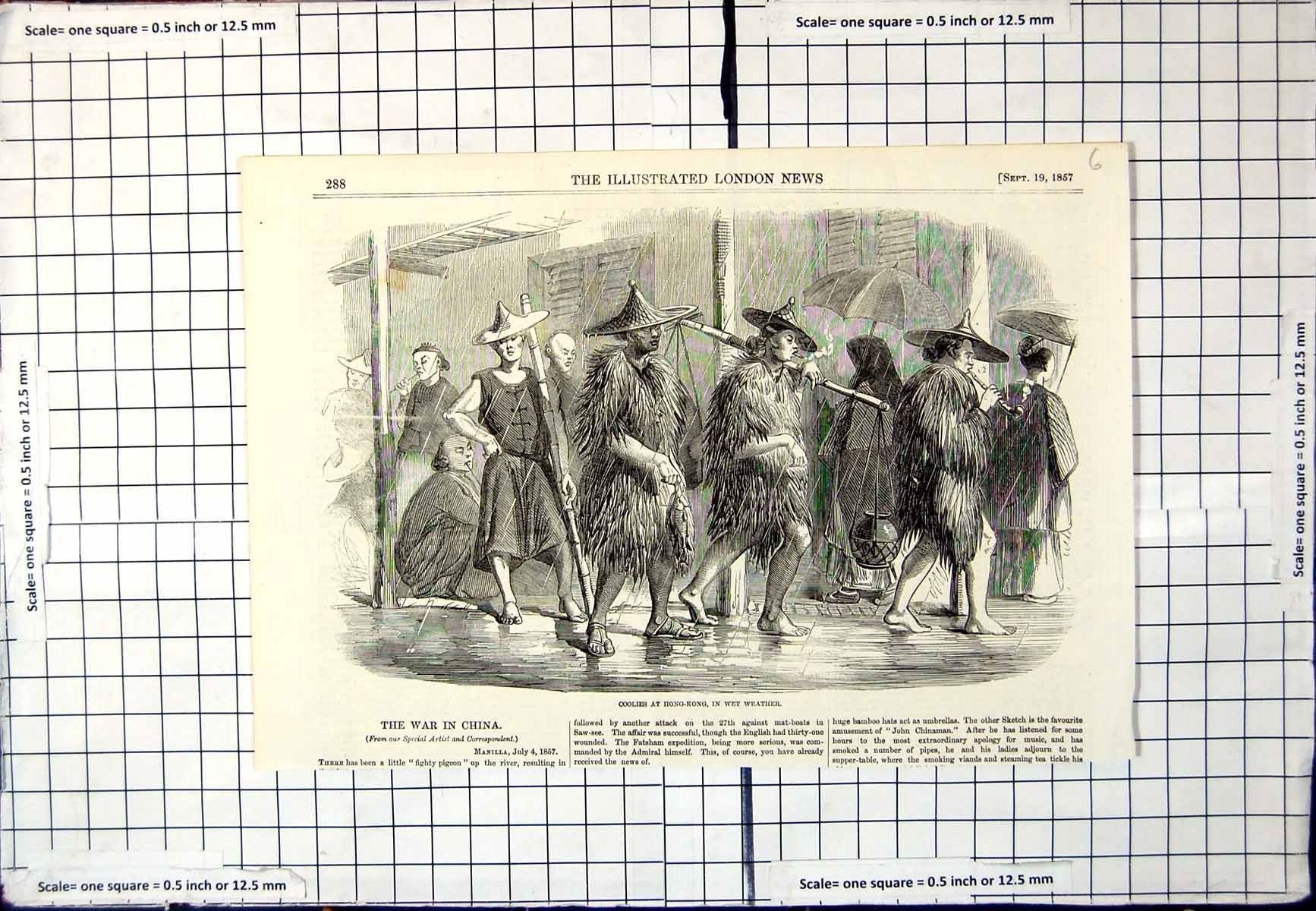 Old Antique Print Hong-Kong Wet Weather Men Hats Distinctive Coats 1857 19th