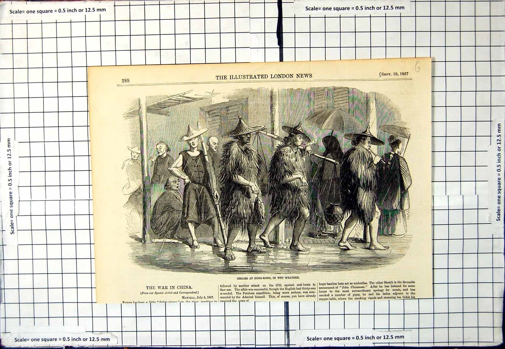 Antique Old Print Wet Weather Hong-Kong China Distinctive Coats Men Hats 1857