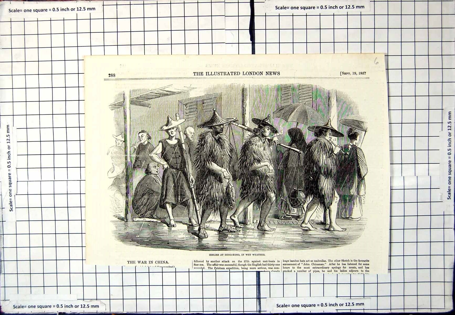 Antique Old Print China Hong-Kong Wet Weather Men Hats Distinctive Coats 1857