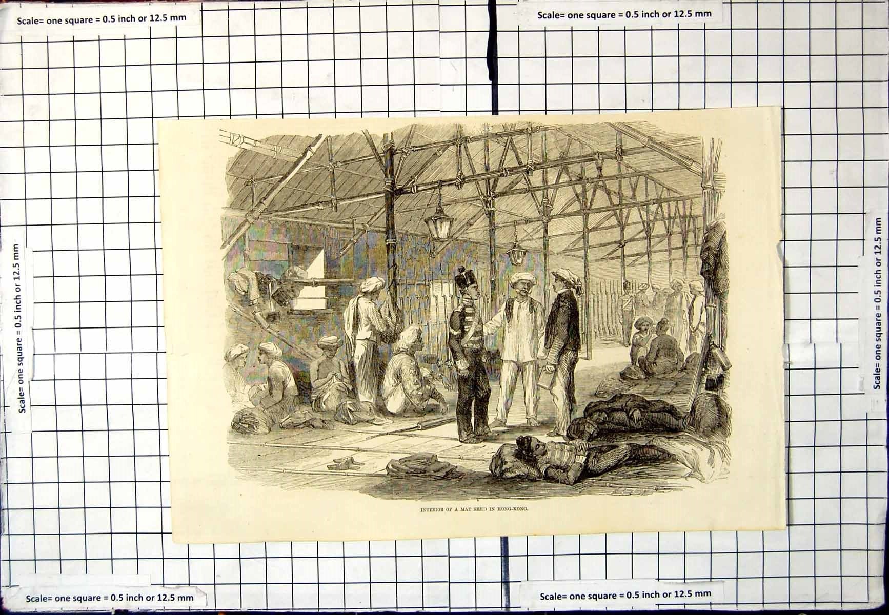 Old Print Hong-Kong Interior Mat Shed Men Sitting Lying Talking Lanterns