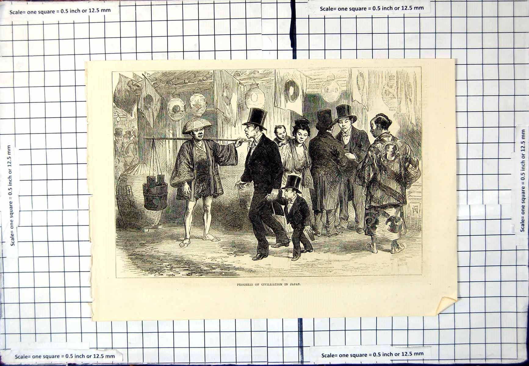 Antique Old Print Progress Civilisation Japan Water Carrier Sandals Top Hats