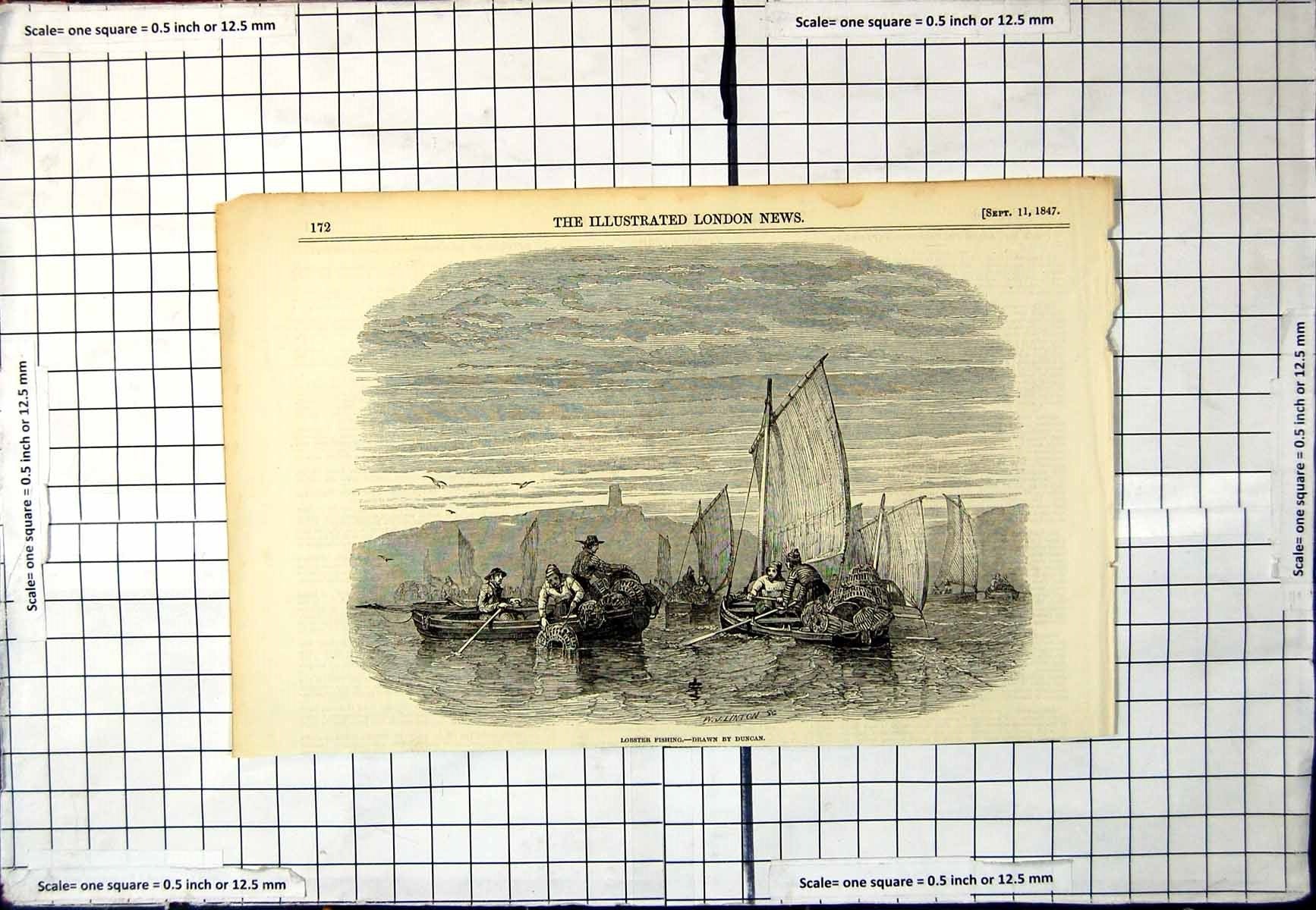 Antique Old Print Lobster Fishing Drawn Duncan Sail Boats Piled Creels Men