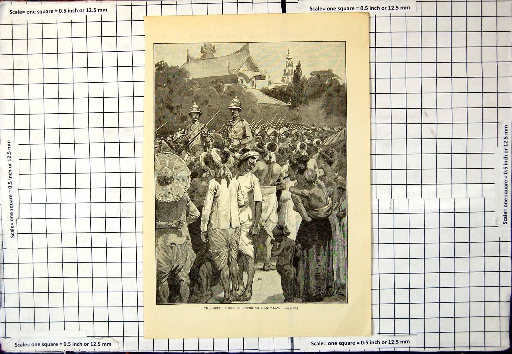 Antique Old Print British Forces Entering Mandalay Crowds Watching Buildings